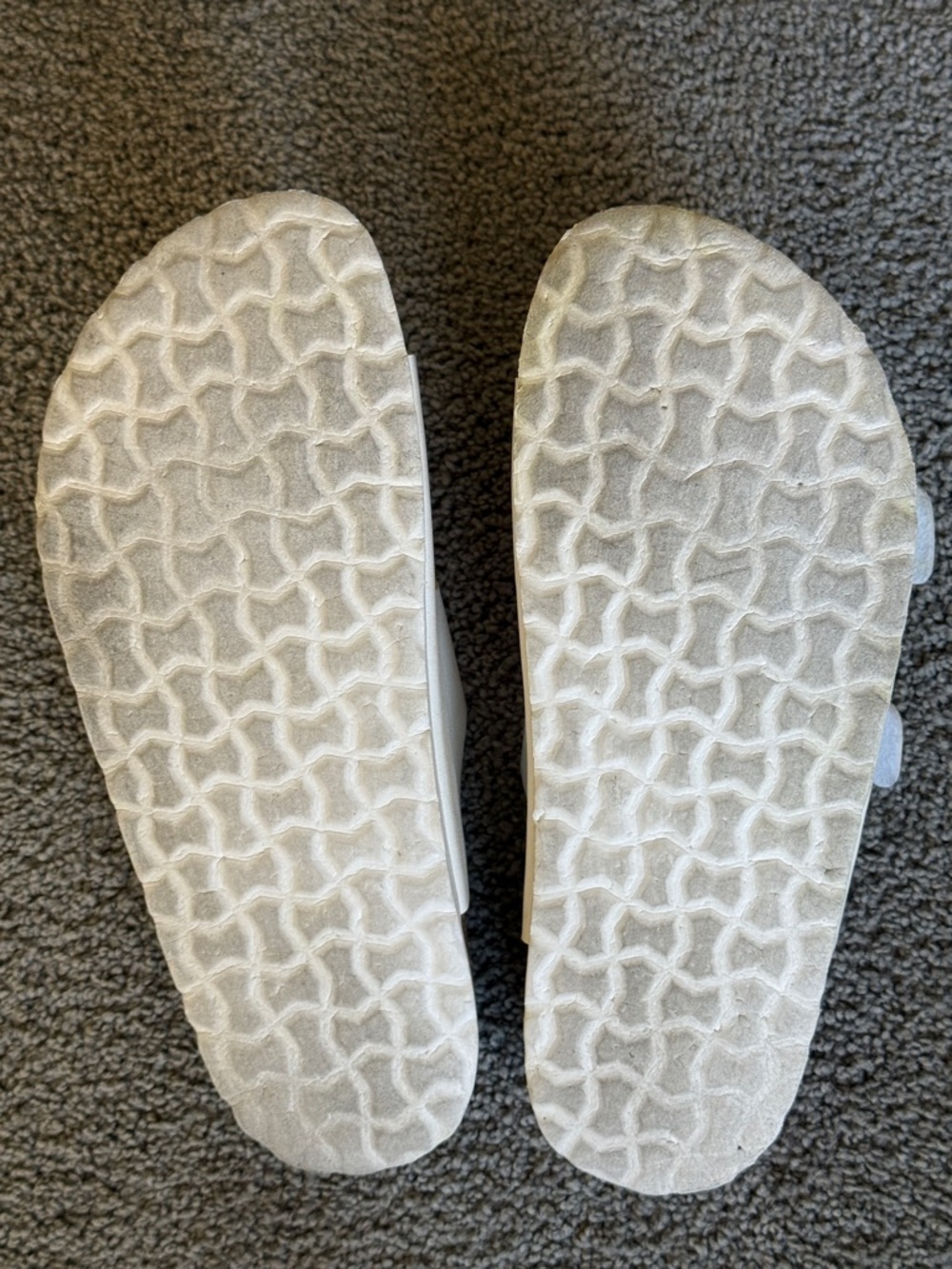 Double-Strap Slide Sandals. White w/Silver Tone Buckles. Leather Insole. Size 8M - Picture 6 of 6